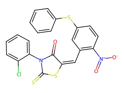 (5E)-3-(2-chlorophenyl)-5-[(2-nitro-5-phenylsulfanylphenyl)methylidene]-2-sulfanylidene-1,3-thiazolidin-4-one structure