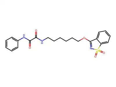 N-[6-[(1,1-dioxo-1,2-benzothiazol-3-yl)oxy]hexyl]-N'-phenyloxamide structure