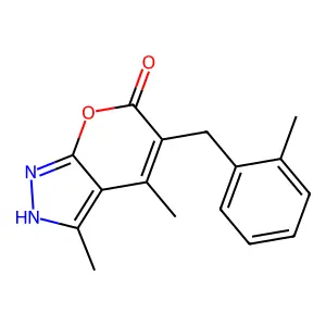 3,4-dimethyl-5-(2-methylbenzyl)pyrano[2,3-c]pyrazol-6(1H)-one structure