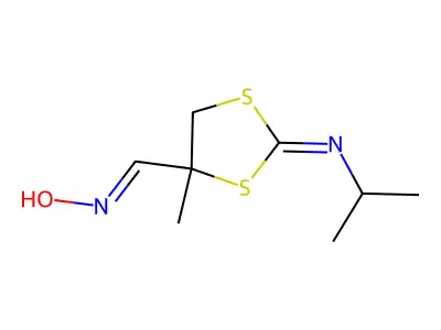 N-[(4-methyl-2-propan-2-ylimino-1,3-dithiolan-4-yl)methylidene]hydroxylamine structure