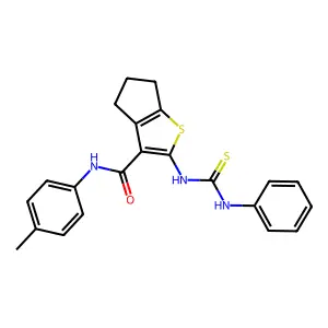 N-(4-methylphenyl)-2-(phenylcarbamothioylamino)-5,6-dihydro-4H-cyclopenta[b]thiophene-3-carboxamide structure