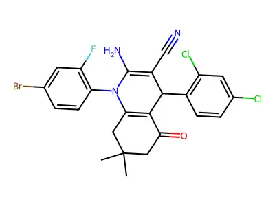 2-amino-1-(4-bromo-2-fluorophenyl)-4-(2,4-dichlorophenyl)-7,7-dimethyl-5-oxo-1,4,5,6,7,8-hexahydro-3-quinolinecarbonitrile structure