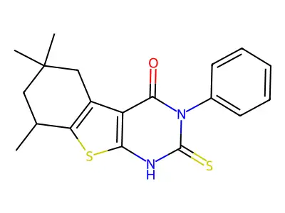 6,6,8-trimethyl-3-phenyl-2-sulfanyl-5,6,7,8-tetrahydro[1]benzothieno[2,3-d]pyrimidin-4(3H)-one structure