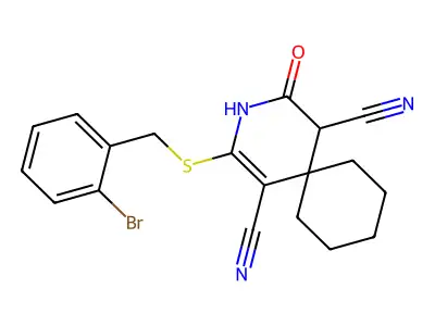 2-[(2-Bromobenzyl)sulfanyl]-4-oxo-3-azaspiro[5.5]undec-1-ene-1,5-dicarbonitrile structure