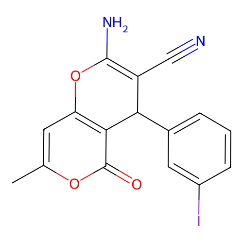 2-amino-4-(3-iodophenyl)-7-methyl-5-oxo-4H-pyrano[3,2-c]pyran-3-carbonitrile structure