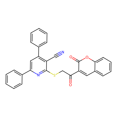 2-((2-oxo-2-(2-oxo-2H-chromen-3-yl)ethyl)thio)-4,6-diphenylnicotinonitrile structure