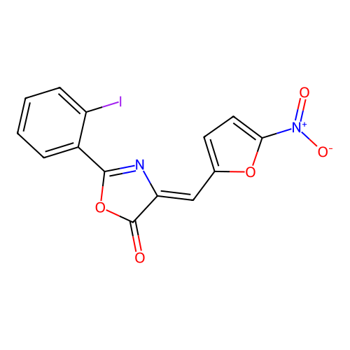 (Z)-2-(2-iodophenyl)-4-((5-nitrofuran-2-yl)methylene)oxazol-5(4H)-one structure