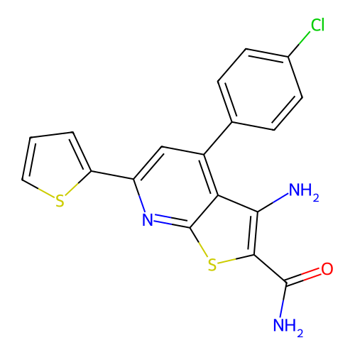 3-Amino-4-(4-chlorophenyl)-6-(thiophen-2-yl)thieno[2,3-b]pyridine-2-carboxamide structure