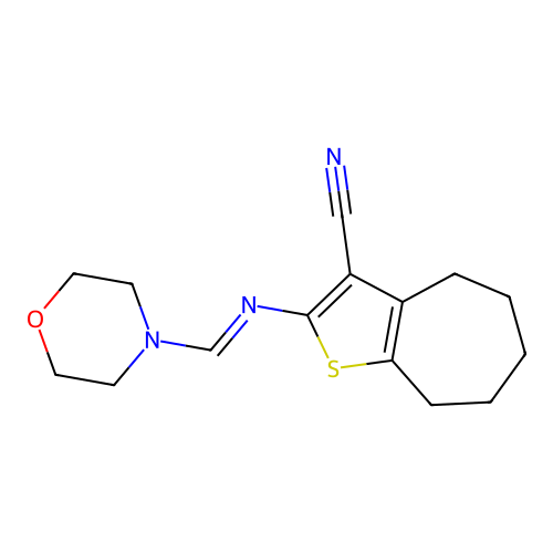 (E)-2-((morpholinomethylene)amino)-5,6,7,8-tetrahydro-4H-cyclohepta[b]thiophene-3-carbonitrile structure