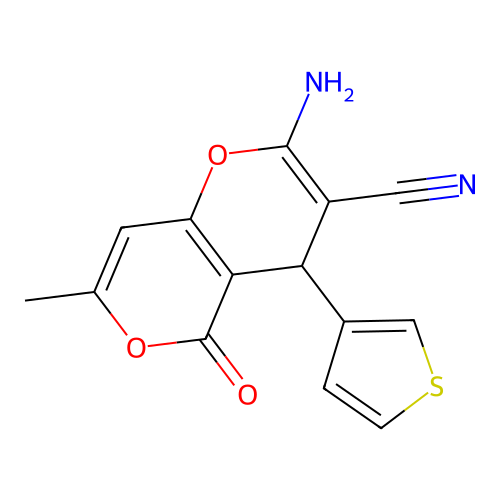 2-Amino-7-methyl-5-oxo-4-thiophen-3-yl-4H,5H-pyrano[4,3-b]pyran-3-carbonitrile structure