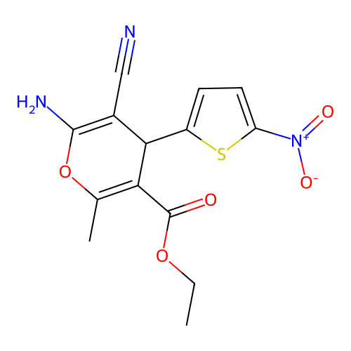 ethyl 6-amino-5-cyano-2-methyl-4-(5-nitrothiophen-2-yl)-4H-pyran-3-carboxylate structure