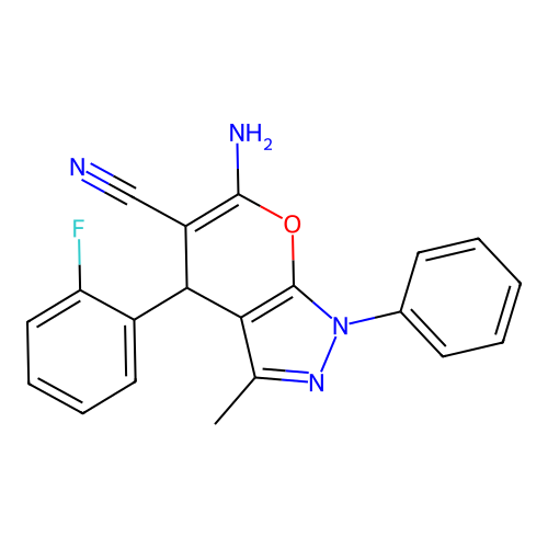 6-amino-4-(2-fluorophenyl)-3-methyl-1-phenyl-1,4-dihydropyrano[2,3-c]pyrazole-5-carbonitrile structure