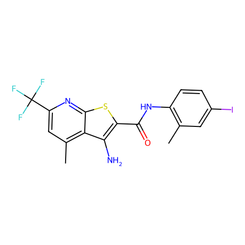 3-amino-N-(4-iodo-2-methylphenyl)-4-methyl-6-(trifluoromethyl)thieno[2,3-b]pyridine-2-carboxamide structure