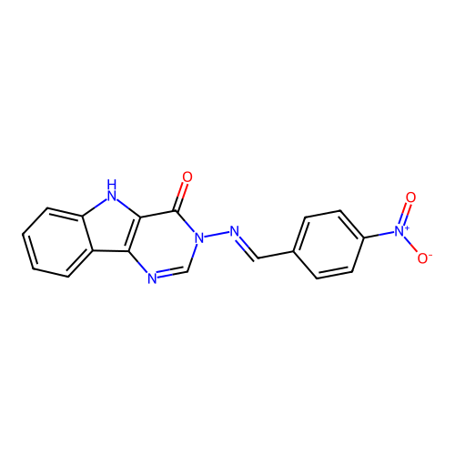 3-{[(E)-(4-nitrophenyl)methylidene]amino}-3,5-dihydro-4H-pyrimido[5,4-b]indol-4-one structure