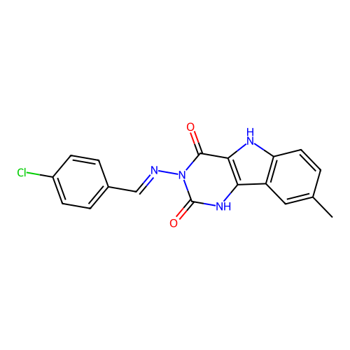 3-{[(E)-(4-chlorophenyl)methylidene]amino}-8-methyl-1H-pyrimido[5,4-b]indole-2,4(3H,5H)-dione structure