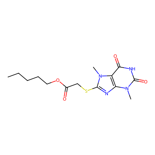 Pentyl 2-(3,7-dimethyl-2,6-dioxo-1,3,7-trihydropurin-8-ylthio)acetate structure