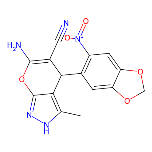 6-amino-3-methyl-4-(6-nitro-1,3-benzodioxol-5-yl)-1,4-dihydropyrano[2,3-c]pyrazole-5-carbonitrile structure