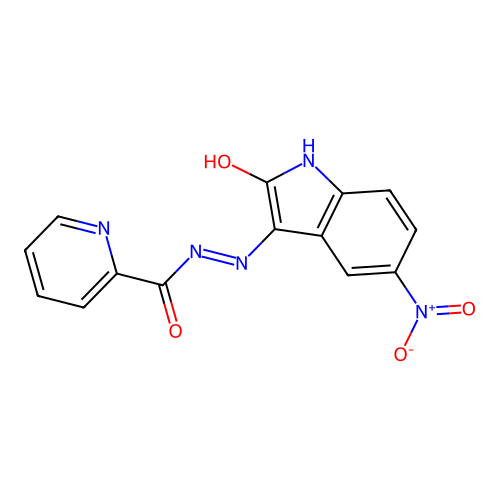N'-[(3Z)-5-nitro-2-oxo-1,2-dihydro-3H-indol-3-ylidene]pyridine-2-carbohydrazide structure