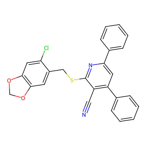 2-(((6-chlorobenzo[d][1,3]dioxol-5-yl)methyl)thio)-4,6-diphenylnicotinonitrile structure