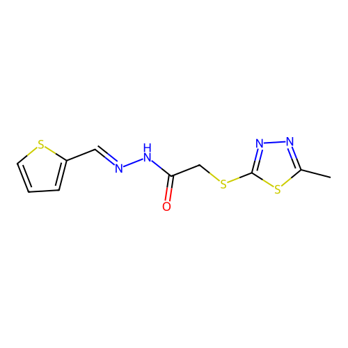 (E)-2-((5-methyl-1,3,4-thiadiazol-2-yl)thio)-N'-(thiophen-2-ylmethylene)acetohydrazide structure