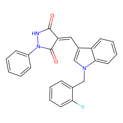 (4Z)-4-[[1-[(2-fluorophenyl)methyl]indol-3-yl]methylidene]-1-phenylpyrazolidine-3,5-dione structure