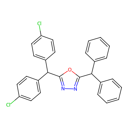 2-[Bis(4-chlorophenyl)methyl]-5-(diphenylmethyl)-1,3,4-oxadiazole structure