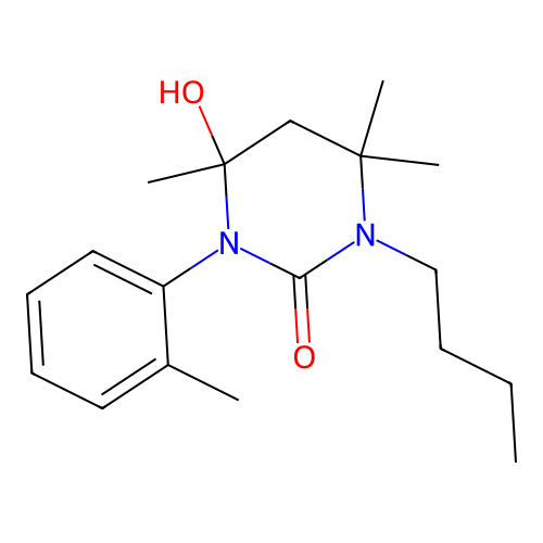 1-butyl-4-hydroxy-4,6,6-trimethyl-3-(2-methylphenyl)-1,3-diazinan-2-one structure