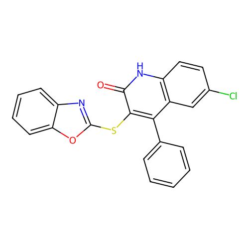3-(1,3-benzoxazol-2-ylsulfanyl)-6-chloro-4-phenyl-1H-quinolin-2-one structure