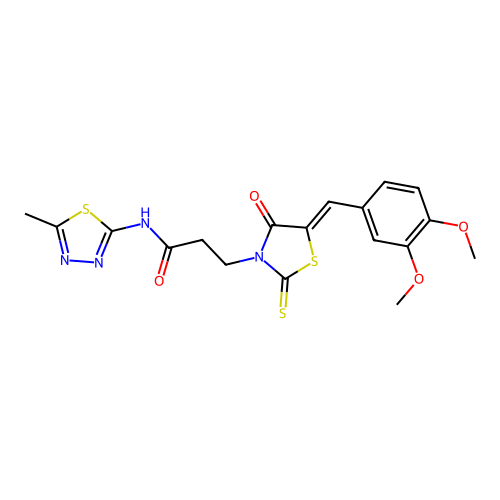 3-[(5Z)-5-[(3,4-dimethoxyphenyl)methylidene]-4-oxo-2-sulfanylidene-1,3-thiazolidin-3-yl]-N-(5-methyl-1,3,4-thiadiazol-2-yl)propanamide structure