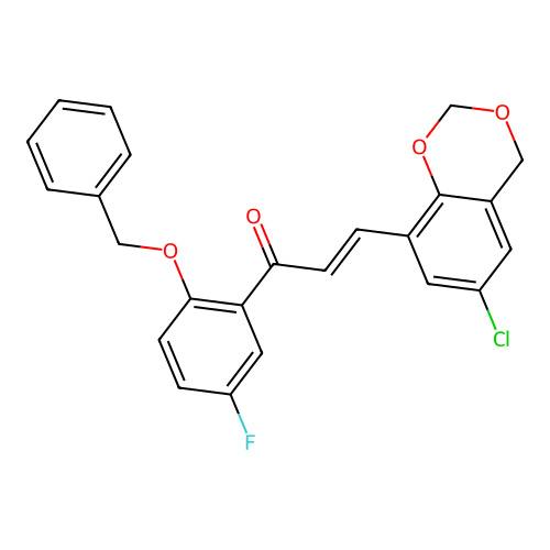 (2E)-1-[2-(benzyloxy)-5-fluorophenyl]-3-(6-chloro-4H-1,3-benzodioxin-8-yl)prop-2-en-1-one structure
