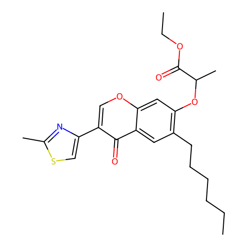 ethyl 2-((6-hexyl-3-(2-methylthiazol-4-yl)-4-oxo-4H-chromen-7-yl)oxy)propanoate structure