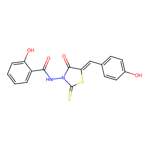 2-hydroxy-N-[(5Z)-5-[(4-hydroxyphenyl)methylidene]-4-oxo-2-sulfanylidene-1,3-thiazolidin-3-yl]benzamide structure