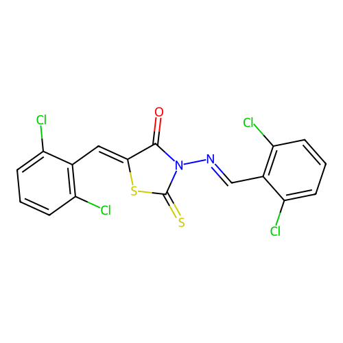 (5Z)-5-(2,6-dichlorobenzylidene)-3-{[(E)-(2,6-dichlorophenyl)methylidene]amino}-2-thioxo-1,3-thiazolidin-4-one structure