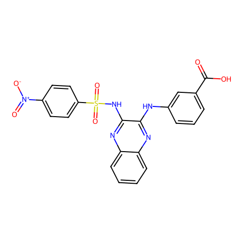 3-[(3-{[(4-Nitrophenyl)sulfonyl]amino}quinoxalin-2-yl)amino]benzoic acid structure