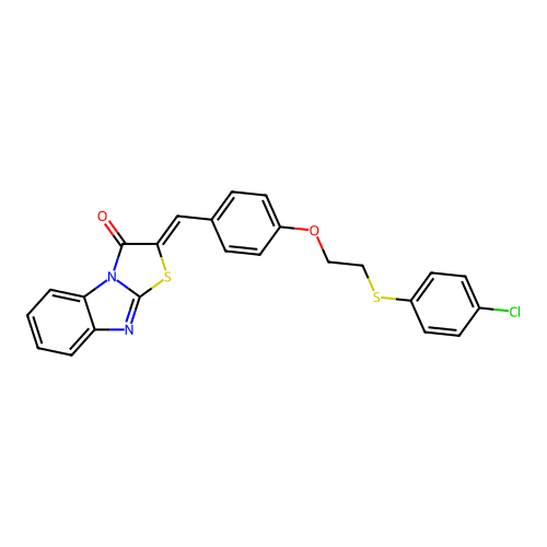 (Z)-2-(4-(2-((4-chlorophenyl)thio)ethoxy)benzylidene)benzo[4,5]imidazo[2,1-b]thiazol-3(2H)-one structure