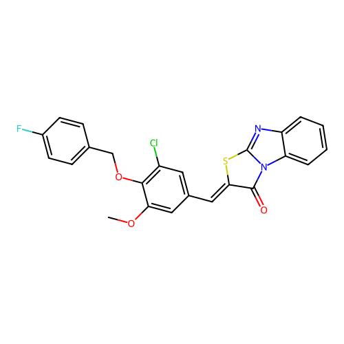 (Z)-2-(3-chloro-4-((4-fluorobenzyl)oxy)-5-methoxybenzylidene)benzo[4,5]imidazo[2,1-b]thiazol-3(2H)-one structure