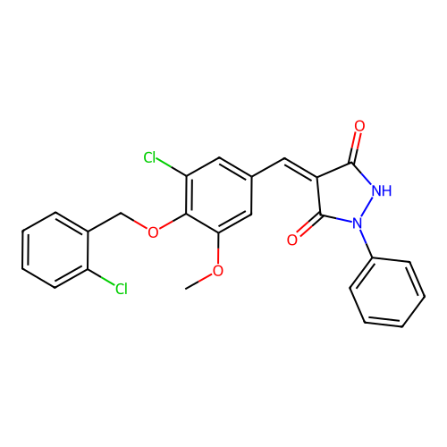 (4Z)-4-[[3-chloro-4-[(2-chlorophenyl)methoxy]-5-methoxyphenyl]methylidene]-1-phenylpyrazolidine-3,5-dione structure