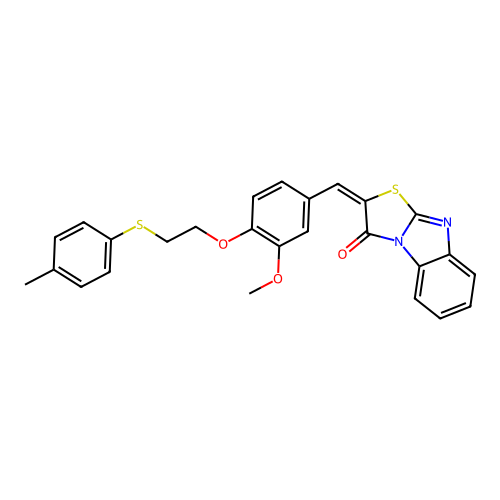 (E)-2-(3-methoxy-4-(2-(p-tolylthio)ethoxy)benzylidene)benzo[4,5]imidazo[2,1-b]thiazol-3(2H)-one structure
