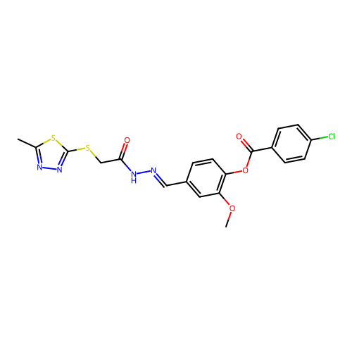 (E)-2-methoxy-4-((2-(2-((5-methyl-1,3,4-thiadiazol-2-yl)thio)acetyl)hydrazono)methyl)phenyl 4-chlorobenzoate structure