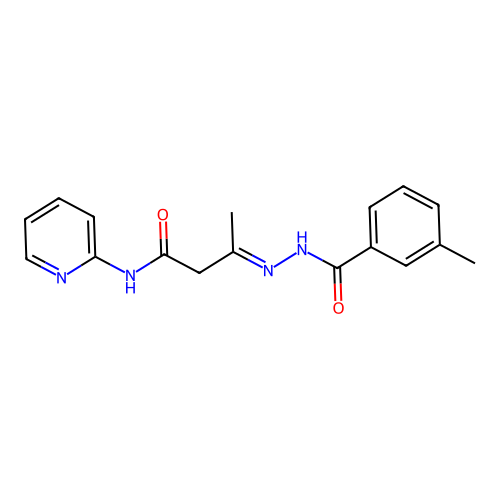 (3E)-3-{2-[(3-methylphenyl)carbonyl]hydrazinylidene}-N-(pyridin-2-yl)butanamide structure