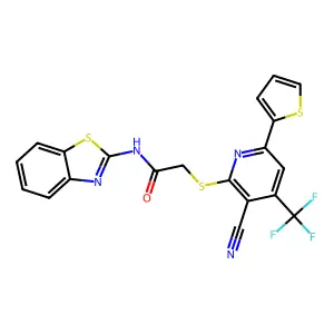 N-(1,3-benzothiazol-2-yl)-2-[3-cyano-6-thiophen-2-yl-4-(trifluoromethyl)pyridin-2-yl]sulfanylacetamide structure