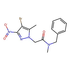 N-benzyl-2-(4-bromo-5-methyl-3-nitro-1H-pyrazol-1-yl)-N-methylacetamide structure
