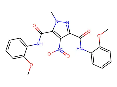 N,N'-bis(2-methoxyphenyl)-1-methyl-4-nitro-1H-pyrazole-3,5-dicarboxamide structure