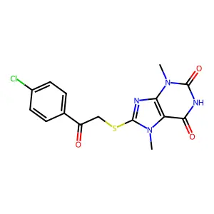 8-((2-(4-chlorophenyl)-2-oxoethyl)thio)-3,7-dimethyl-1H-purine-2,6(3H,7H)-dione structure