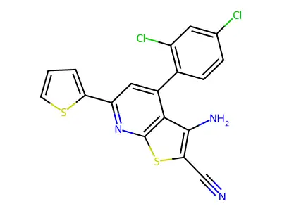3-amino-4-(2,4-dichlorophenyl)-6-(thiophen-2-yl)thieno[2,3-b]pyridine-2-carbonitrile structure