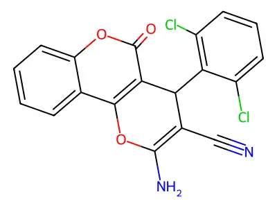 2-amino-4-(2,6-dichlorophenyl)-5-oxo-4H,5H-pyrano[3,2-c]chromene-3-carbonitrile structure