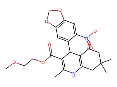 2-methoxyethyl 2,7,7-trimethyl-4-(6-nitro-1,3-benzodioxol-5-yl)-5-oxo-1,4,5,6,7,8-hexahydroquinoline-3-carboxylate structure