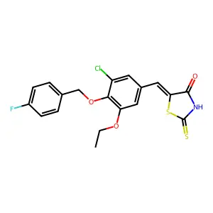 (5E)-5-[[3-chloro-5-ethoxy-4-[(4-fluorophenyl)methoxy]phenyl]methylidene]-2-sulfanylidene-1,3-thiazolidin-4-one structure
