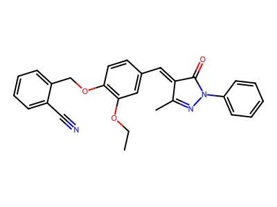 2-({2-ethoxy-4-[(E)-(3-methyl-5-oxo-1-phenyl-1,5-dihydro-4H-pyrazol-4-ylidene)methyl]phenoxy}methyl)benzonitrile structure
