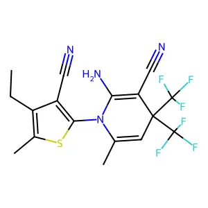 2-amino-1-(3-cyano-4-ethyl-5-methylthiophen-2-yl)-6-methyl-4,4-bis(trifluoromethyl)pyridine-3-carbonitrile structure